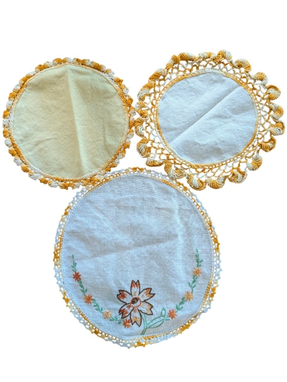 Handcrafted White and Gold Crochet Edge Doilies - Set of 3